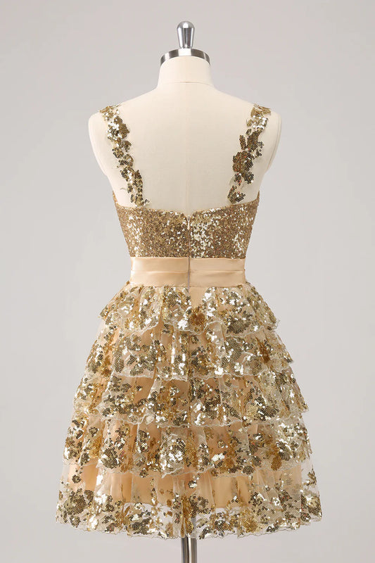 omberprom A Line Short Homecoming Dress Sparkly Golden Corset Tiered with Flower