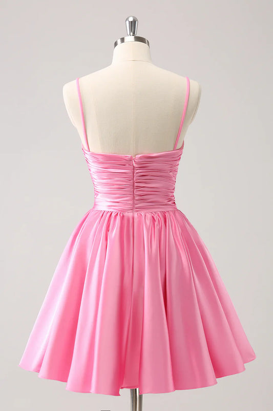 omberprom A Line Homecoming Dress Sparkly Cute Pink Spaghetti Straps Cut Out with Sequins