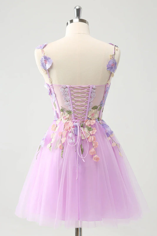 omberprom A Line Homecoming Dress Gorgeous Purple Spaghetti Straps Short with 3D Flowers