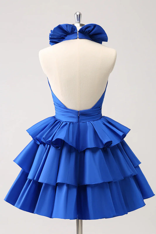 omberprom Cute Homecoming Dress Royal Blue A Line Halter Tiered Backless with Ruffles