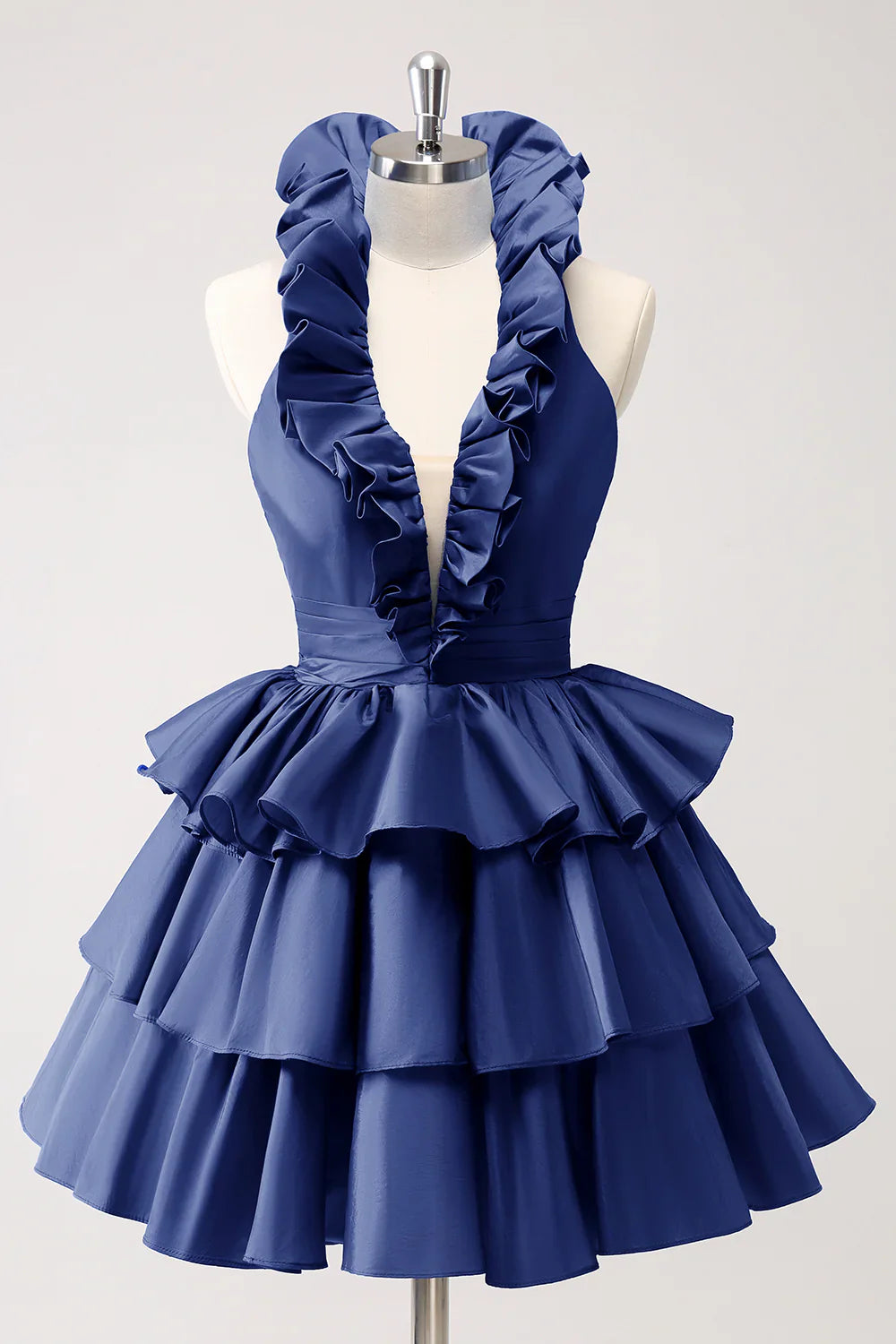 omberprom Cute Homecoming Dress Royal Blue A Line Halter Tiered Backless with Ruffles