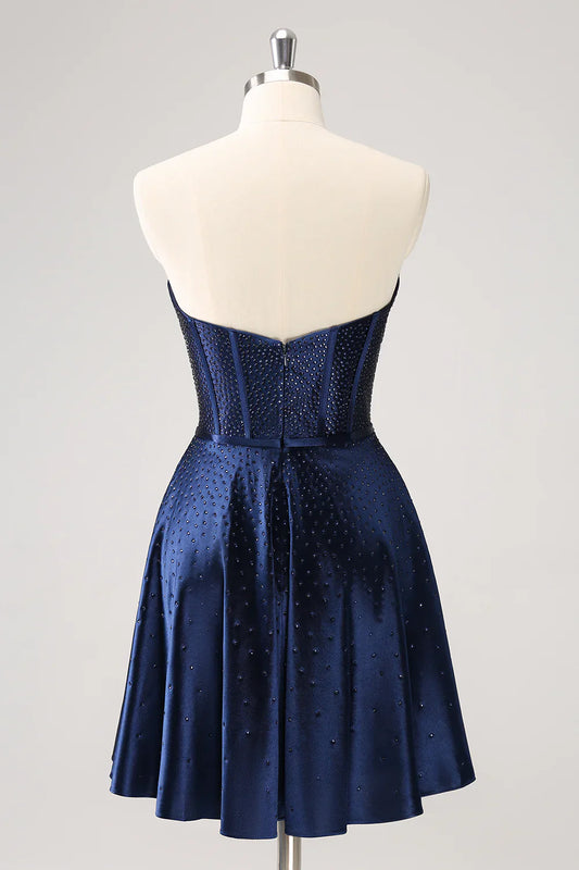 omberprom Cute Homecoming Dress Navy A Line Strapless Hollow Out Corset Beaded with Bow