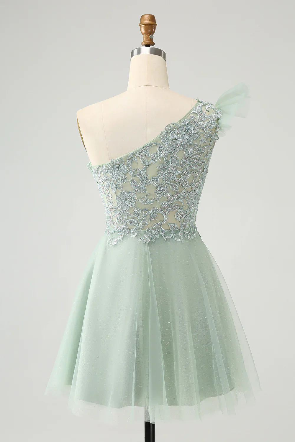 omberprom A Line Graduation Dresses One Shoulder Short Homecoming Dress with Beading Dusty Sage