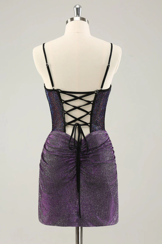 omberprom Elegant Homecoming Dresses Dark Purple Pleated Corset Short with Lace Up Back