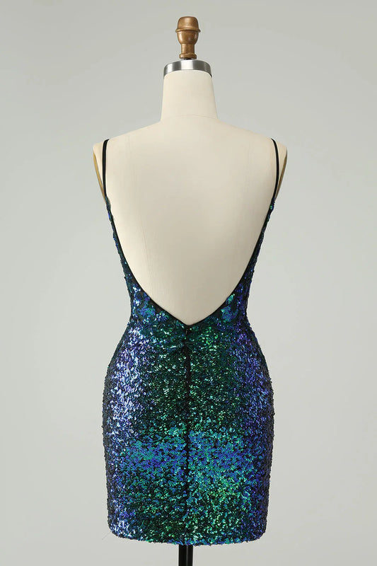omberprom Homecoming Dress Sparkly Dark Green Spaghetti Straps Tight with Sequins