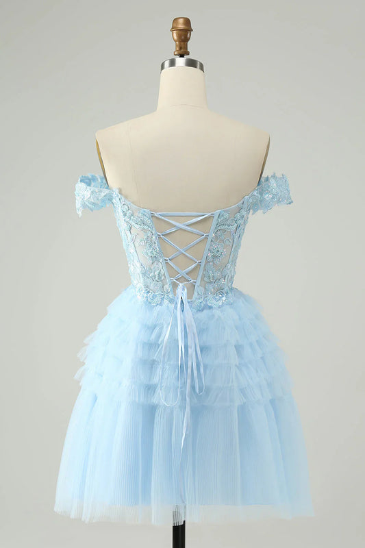 omberprom Homecoming Dress Light Blue A Line Off The Shoulder Corset with Sequins