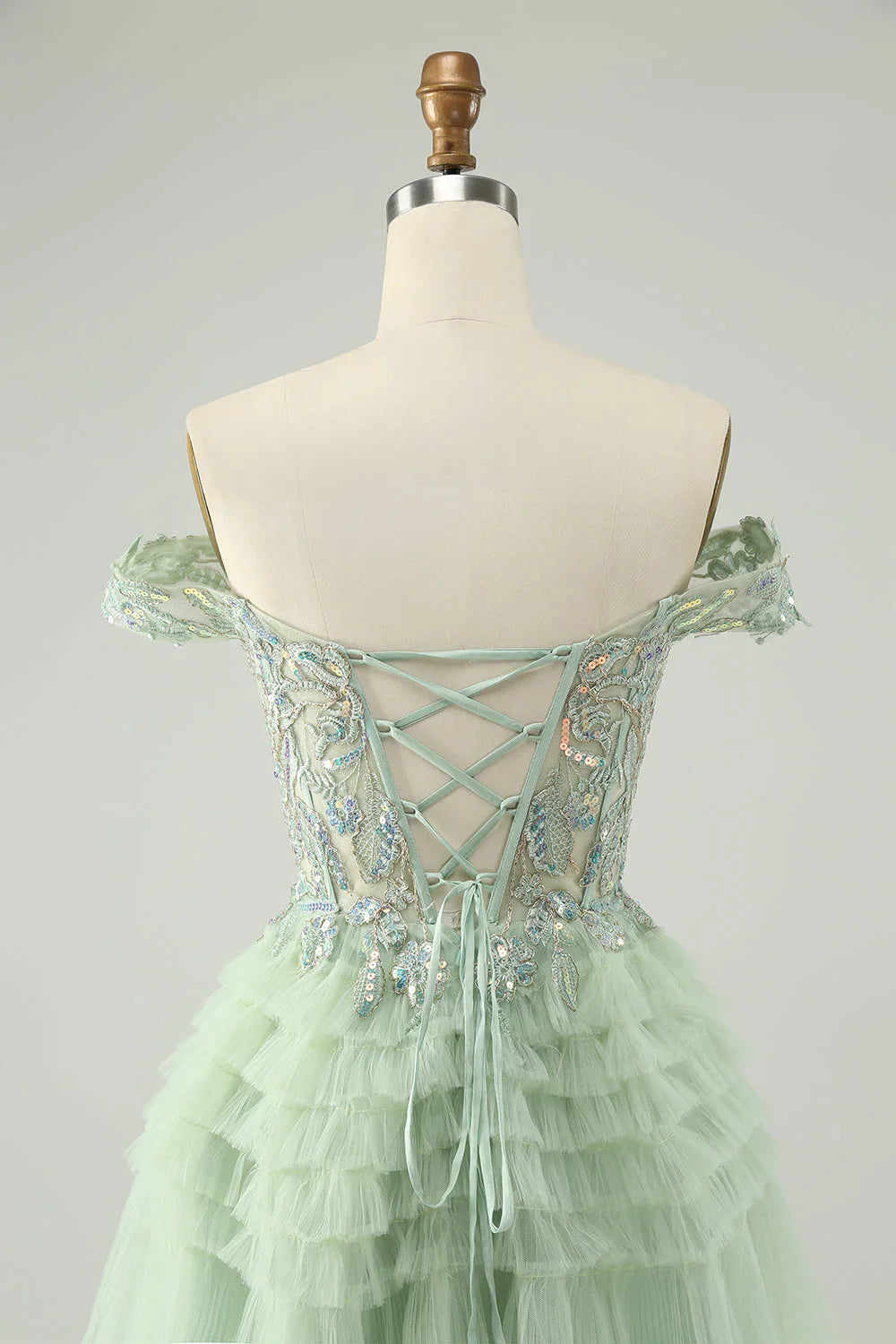 omberprom Homecoming Dress A Line Off The Shoulder Corset Tulle with Sequins Sparkly Light Green
