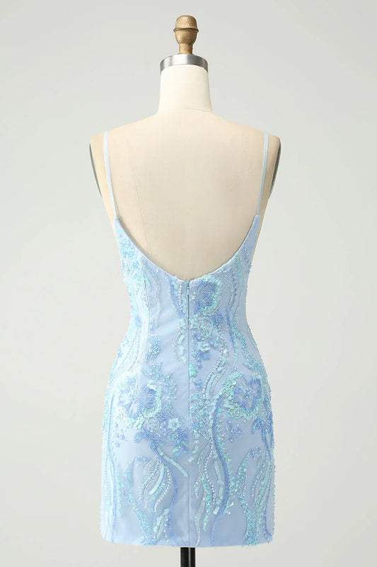 omberprom Homecoming Dress Light Blue Spaghetti Straps Short Tight with Sequins