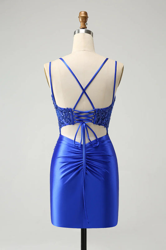 omberprom Fashion Homecoming Dress Sparkly Royal Blue Beading Corset Graduation Dresses