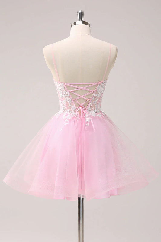 omberprom A Line Homecoming Dress Pink Graduation Dresses Spaghetti Straps Tulle Corset with Appliques