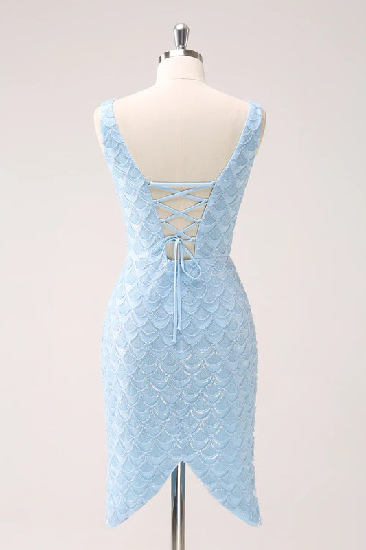 omberprom Homecoming Dress Sparkly Blue V-Neck Sequins Tight Fish Scale with Lace Up Back