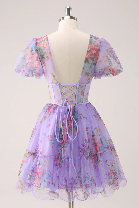 omberprom A-Line Homecoming Dress Purple V Neck Corset Floral with Lace Up Back