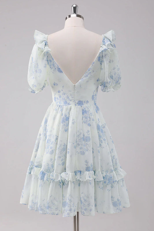omberprom Elegant Homecoming Dress Short Sleeves Light Blue Floral Short with Dress