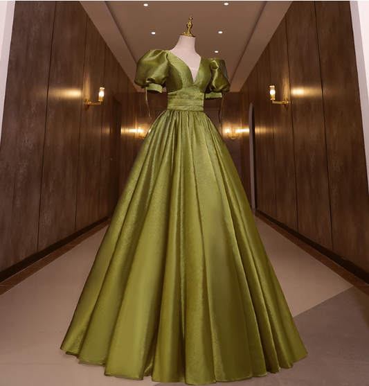 Vintage Olive Green Deep V-Neck Puff Sleeve Satin Long Prom Dress Evening Dress P4409