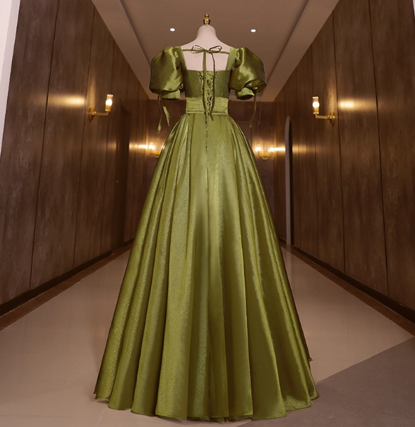 Vintage Olive Green Deep V-Neck Puff Sleeve Satin Long Prom Dress Evening Dress P4409