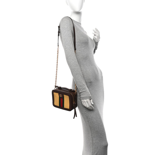 Canvas Textured Calfskin Web Mini Ophidia Top Handle Shoulder Bag Easy Yellow Dark Brown