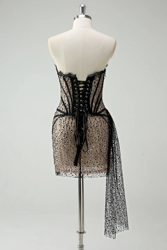 Stylish Sequined Black Lace Corset Design A-line Strapless Homecoming Dress TP3654
