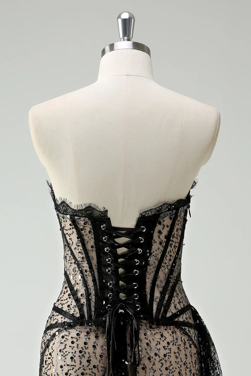Stylish Sequined Black Lace Corset Design A-line Strapless Homecoming Dress TP3654