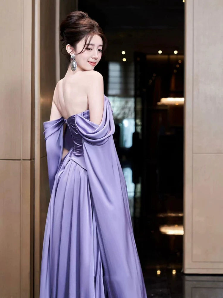 Purple dress long evening gown engagement party off shoulder satin birthday party dress S6832