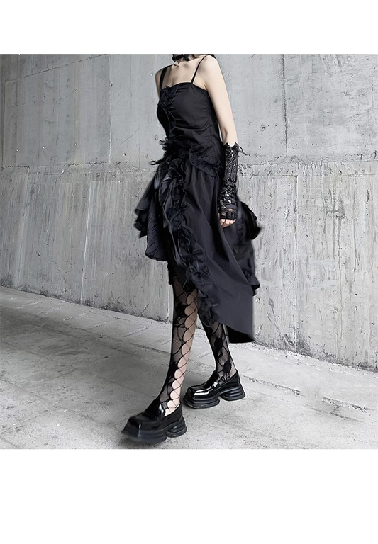 Women Fashion Black Irregular Spaghetti Strap Dress TP2908