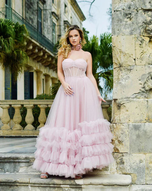 omberprom A-line Graduation Dresses Corset Strapless Tulle Prom Dress with Ruffles