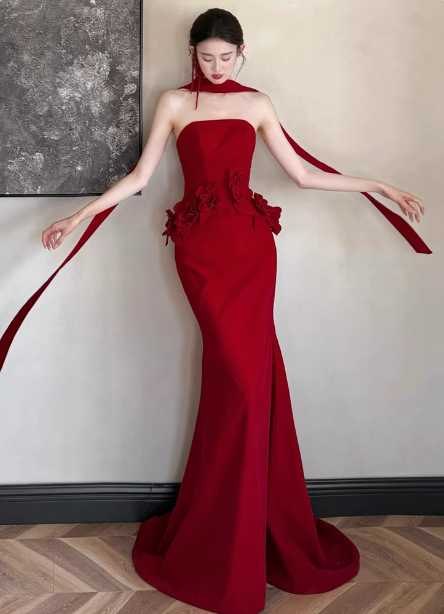 Elegant Burgundy Mermaid Strapless 3D Floral Satin Train Prom Dress Evening Dress P4429