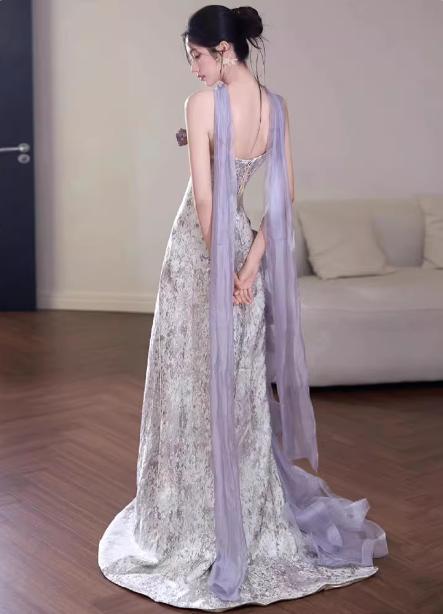 Beautiful Purple-White Gradient Strapless 3D Floral Tulle Satin Long Prom Dress Evening Dress P4430