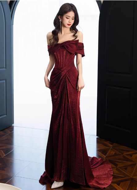 Elegant Burgundy Mermaid Off-the-shoulder Ruffled Satin Train Prom Dress Evening Dress P4433