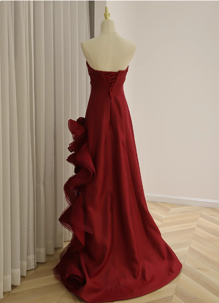 Elegant Burgundy 3D Floral Embellished Strapless Satin Long Prom Dress Evening Dress P4438