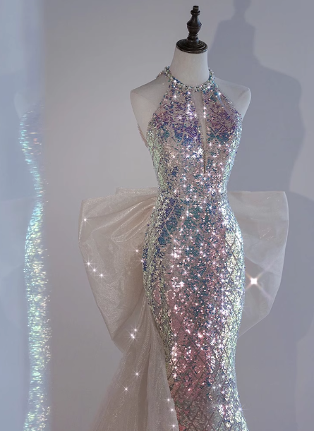 Shiny Dreamy Iridescent Gradient Mermaid Halter Neck Bow Sequin Long Prom Dress Evening Dress P4439