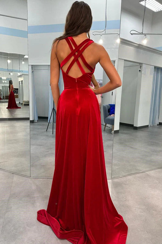 omberprom Red Evening Dress Velvet Plunge V Cross Back A-Line Long Formal Dress