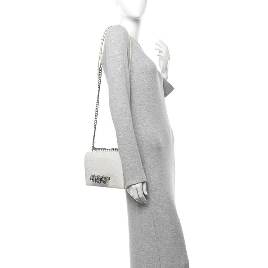 Shiny Calfskin Crocodile Embossed Knuckle Jeweled Crossbody White