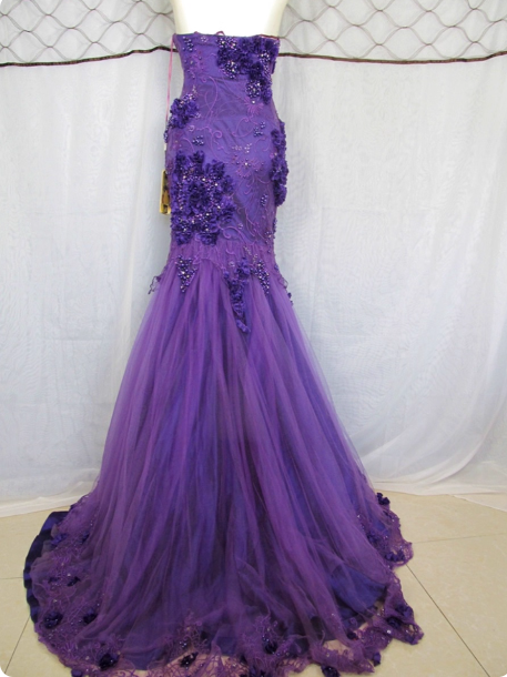 Vintage Deep Purple Mermaid Strapless 3D Floral Beaded Tulle Long Prom Dress Evening Dress P4448