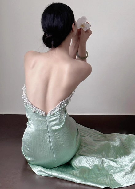 Elegant Light Mint Green Mermaid Sweetheart Neck Pearl Backless Shiny Satin Train Prom Dress Evening Dress P4449