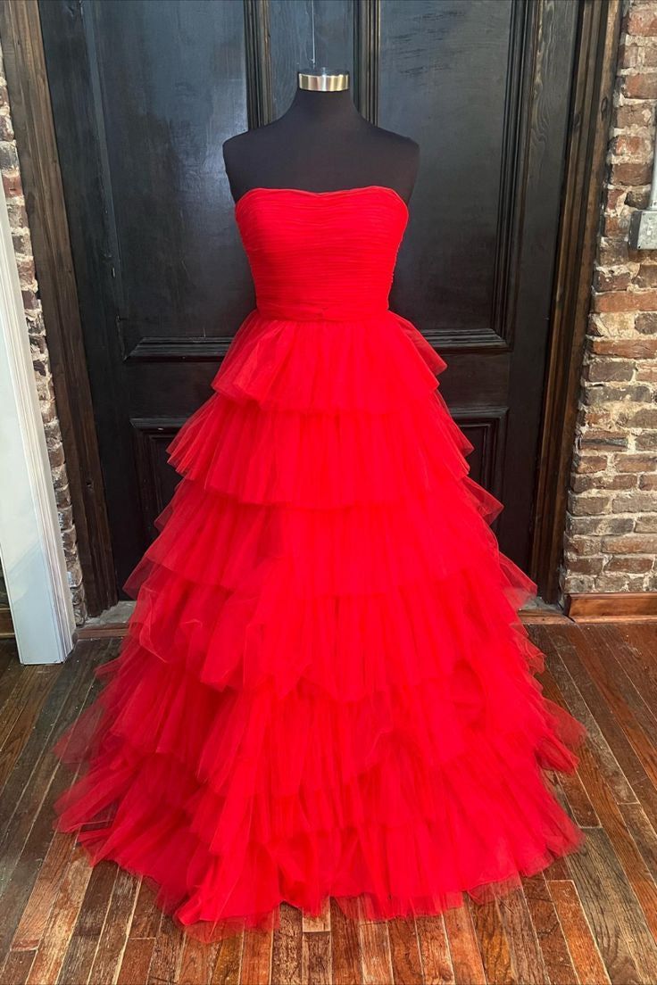 A-line Strapless Pleated Multi-Layers Tulle Long Prom Dress S3226