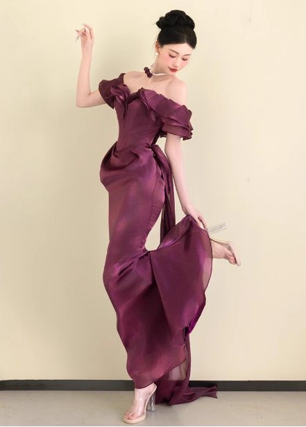 Elegant Deep Fuchsia Mermaid Off-the-shoulder Ruffled Satin Long Prom Dress Evening Dress P4451