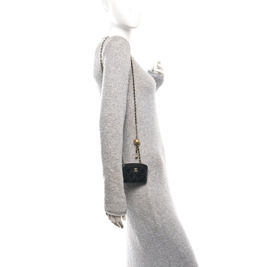 Lambskin Quilted CC Pearl Crush Zip Card Holder On Chain Black