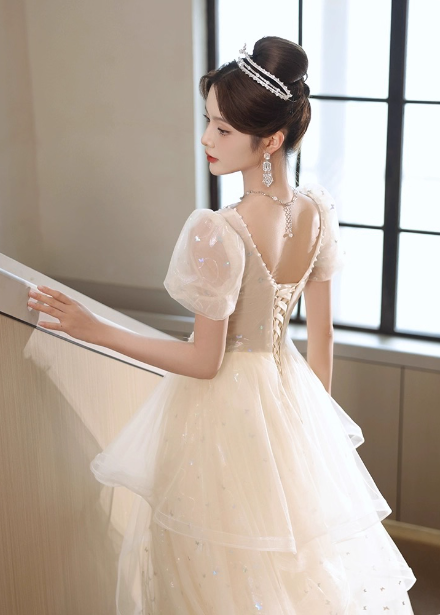 Sweet Milk Apricot A-line Puff Short Sleeve Tulle Long Prom Dress Evening Dress P4455
