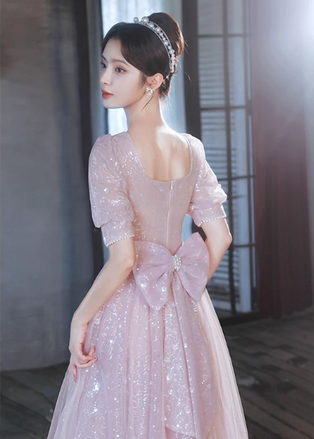 Princess Pink A-line Square Neck Puff Short Sleeve Bow Tulle Long Prom Dress Evening Dress P4456