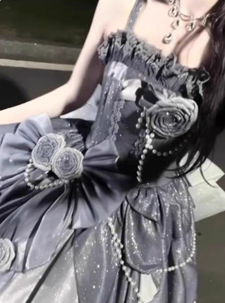 Gothic Sweet & Cool Silver Gray Spaghetti Strap 3D Floral Bow Sequined Satin Prom Dress Evening Dress P4457