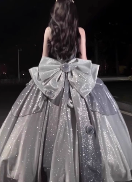 Gothic Sweet & Cool Silver Gray Spaghetti Strap 3D Floral Bow Sequined Satin Prom Dress Evening Dress P4457