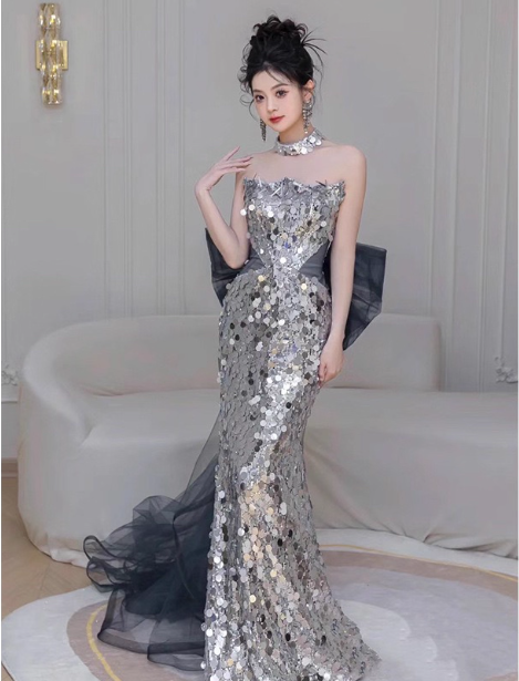 Gorgeous Silver Mermaid Strapless Bow Sequined Train Prom Dress Evening Dress P4460