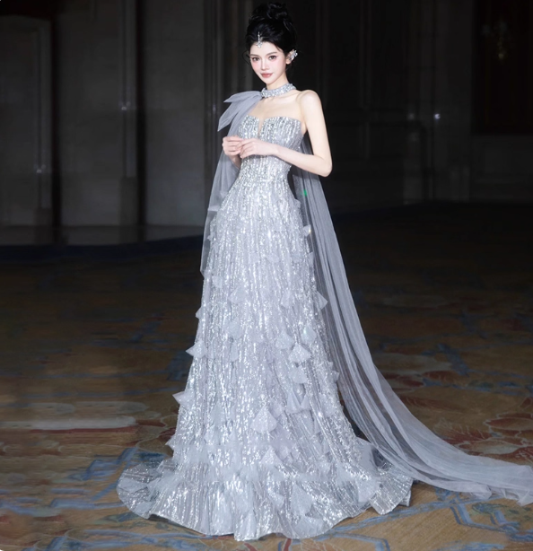 Gorgeous Silver Gray A-line Strapless Sequined Train Prom Dress Evening Dress P4463