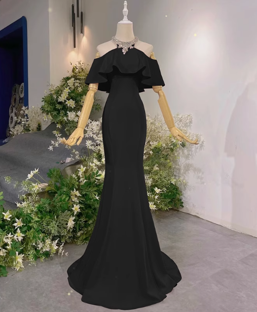 Elegant Pink Mermaid Halter Neck Ruffled Satin Train Prom Dress Evening Dress P4466