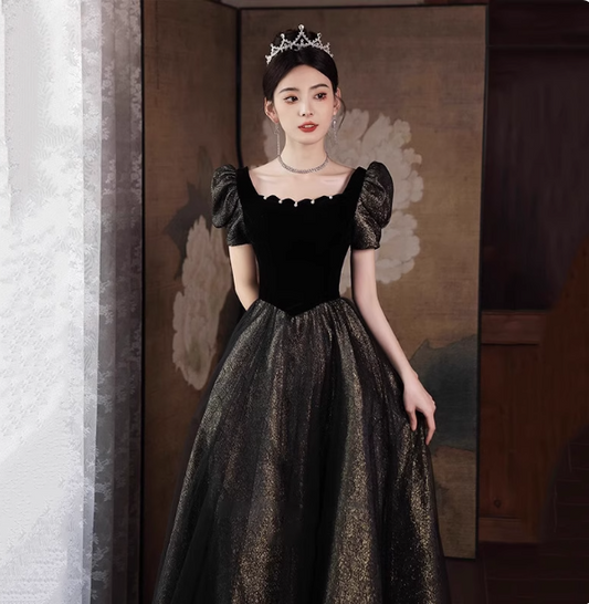 Vintage Black & Gold A-line Square Neck Puff Sleeve Velvet Gold Shimmer Tulle Long Prom Dress Evening Dress P4469
