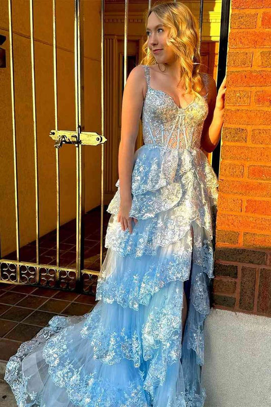 Light Blue Corset Lace Tiered Tulle Long Formal Dress S2496