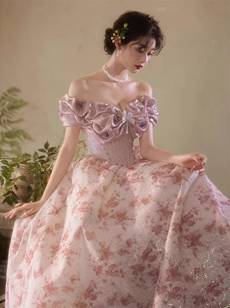 French Pink Printed A-line Off-the-shoulder Bow Tulle Long Prom Dress Evening Dress P4471