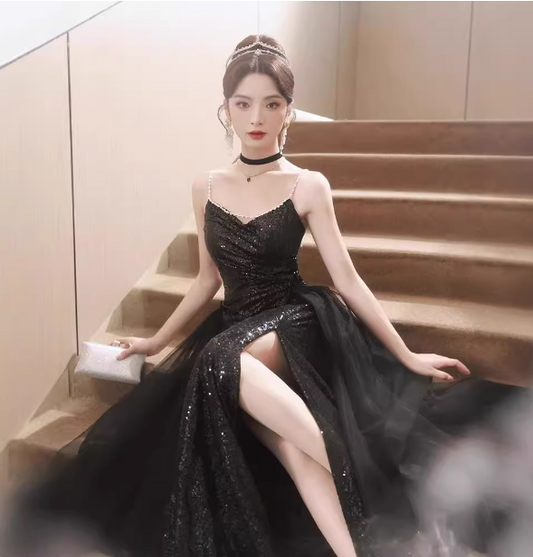 Sexy Black Spaghetti Strap V-neck Split Sequined Tulle Long Prom Dress Evening Dress P4476