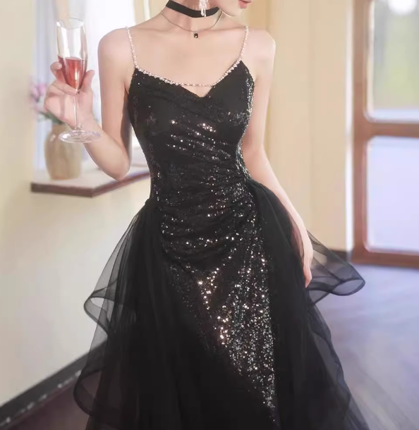 Sexy Black Spaghetti Strap V-neck Split Sequined Tulle Long Prom Dress Evening Dress P4476