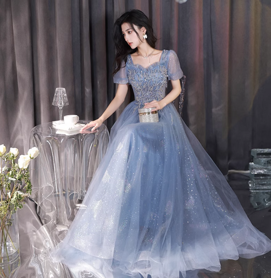 Dreamy Light Blue Square Neck Puff Sleeve A-line Embroidered Sequined Tulle Long Prom Dress Evening Dress P4478